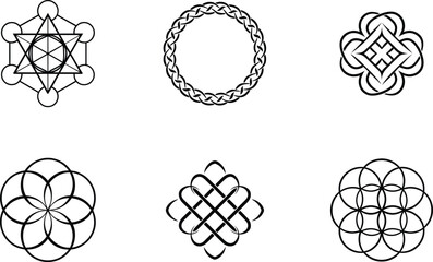 Collection of celtic and geometric ornament shapes black and white vector illustration