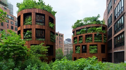 Two cylindrical buildings with brown wooden facades and lush green rooftop gardens. Surrounded by greenery, they create a unique urban oasis.  Natural light illuminates the scene.