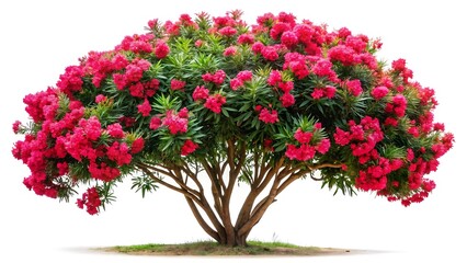 Naklejka premium Blooming oleander tree with red blossoms isolated on white background