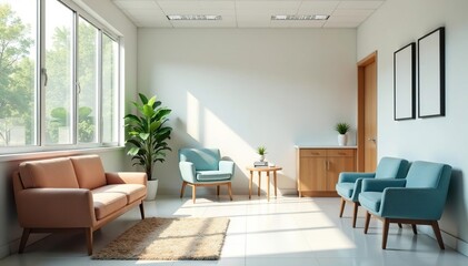 Fototapeta premium A clean and modern doctor's office waiting area, showcasing comfortable seating and calming decor , peaceful, lamp, decor