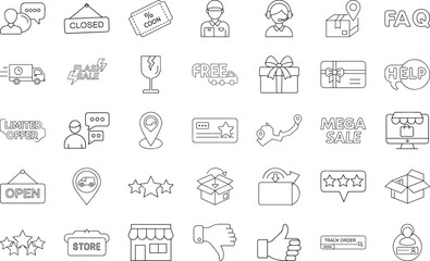 Online shop elements thin line vector icons set ecommerce and delivery services