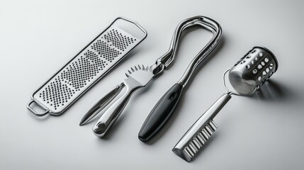 A collection of kitchen tools isolated on a clean surface, including a vegetable peeler, cheese grater, and can opener, essential for any toolkit