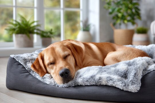 Golden labrador sleeping peacefully on cozy blanket by window in bright room