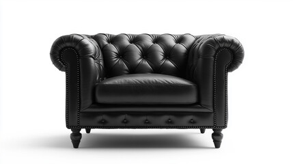 Classic black leather armchair with tufted design and decorative buttons in a minimalist setting