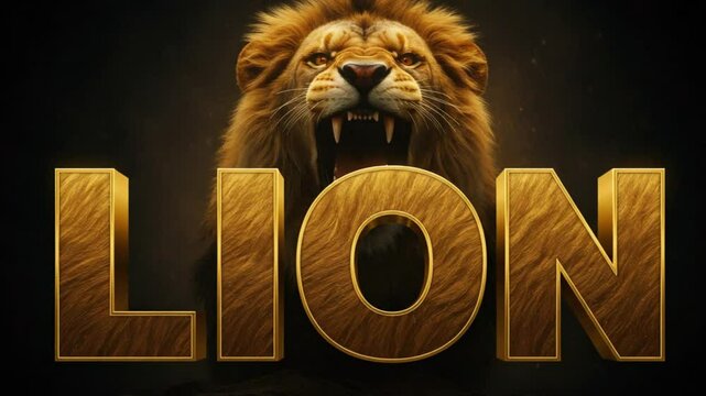 3D bold text 'LION' with golden fur texture and roaring backdrop &mdash; strong and majestic.