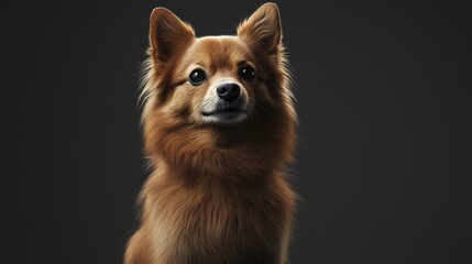 Obraz premium Portrait of a Brown Pomeranian Breed Dog on a Dark Background