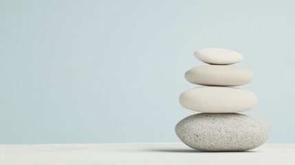 Stacked Rocks on Neutral Tabletop Against Pale Background for Balance and Wellbeing