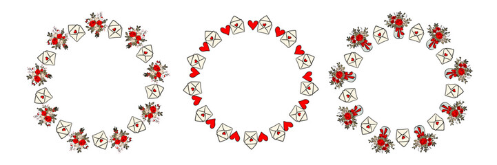 Round frame with capybaras in a wonderful style, wreath, card. Hearts, flowers in a minimalist style. Geometric flower. Vector illustration. Bright retro hearts.