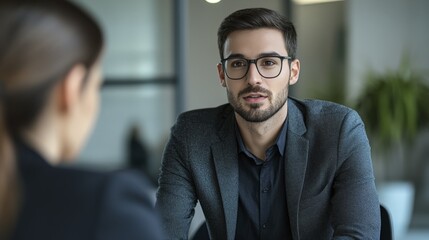 Fototapeta premium Man with Eyeglasses and Beard in Business Attire during Meeting Indoors