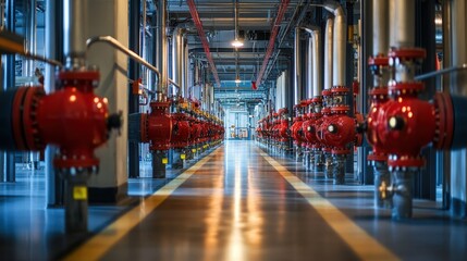 Fototapeta premium An industrial building with rows of fire sprinklers installed in the ceiling, demonstrating a well-designed fire suppression system in a high-risk area.