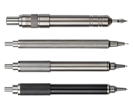 Set of Four Assorted Metal Mechanical Pencils on a transparent background