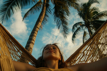 Person relaxing in a hammock surrounded by tropical green palm leaves in peaceful jungle nature scene created with generative ai