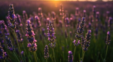 Lavender field at sunset, showcasing vibrant flowers and warm light