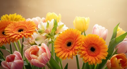Vibrant bouquet of colorful flowers in soft light, perfect for spring decoration
