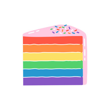 Slice of rainbow cake with sprinkles on top. Hand drawn vector illustration.
