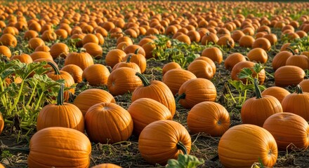 Vibrant pumpkin field showcasing rows of ripe pumpkins under clear sky