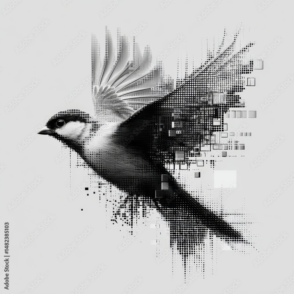 Aufkleber digital flight: a bird in pixels, abstract avian artwork with a modern twist and black and white pix
