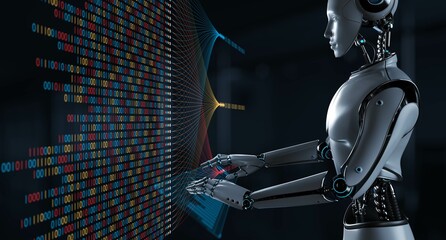 AI Robot Interacting with Binary Code, Big Data, and Data Analytics for Business and Technology Concept. 3d render.