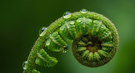 Close-up of a vibrant fern frond with dew droplets in a lush green setting