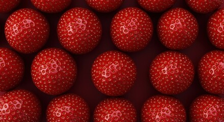 Close-up view of vibrant red strawberries arranged in a pattern on a dark surface