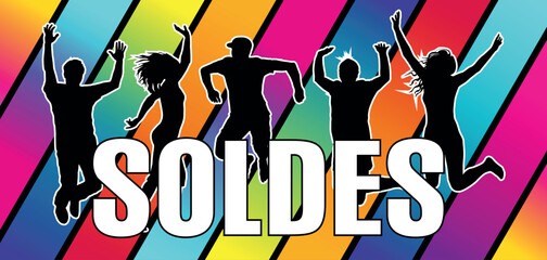 Affiche ou bannière pour annoncer les soldes de façon dynamique avec des silhouette de personnage sautant de joie.