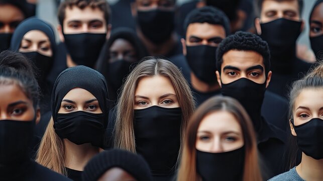 Diverse group people wearing black protective face masks eyes dark crowd faces unity issue style