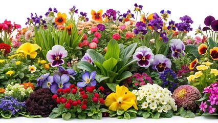 Long and colorful flowerbed with blooming violets and other plants and flowers