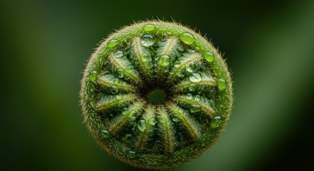 Close-up of a green plant bud with dew droplets on a blurred green background