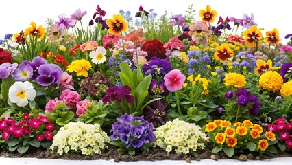 Obraz premium Long and colorful flowerbed with blooming violets and other plants and flowers