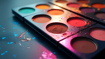 Naklejka premium Stunning Makeup Palette Photo Stock: Artistically Arranged Color Swatches Showcasing Innovative Formulations for Creative Beauty - Perfect for High-Quality Visuals with Space for Text