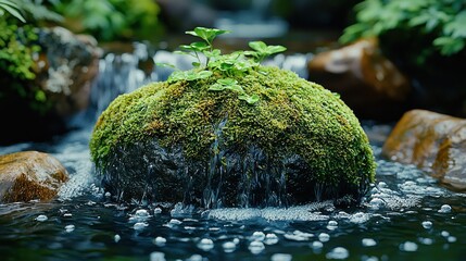 Mossy rock oasis in a flowing stream with foliage