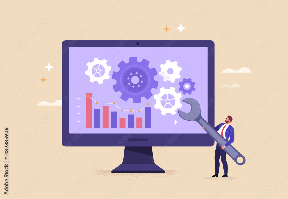 Poster business improvement concept. contemporary flat-style abstract vector illustration of man in busines
