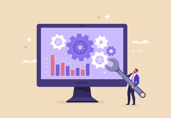Fototapeta na wymiar Business Improvement concept. Contemporary flat-style abstract vector illustration of man in business suit with wrench troubleshooting work of scheduler on monitor screen, isolated on a background.