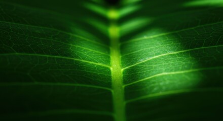 Close-up of a vibrant green leaf showcasing intricate vein patterns and soft lighting