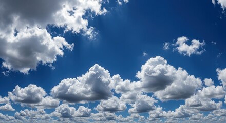 Expansive blue sky filled with fluffy white clouds, creating a serene atmosphere