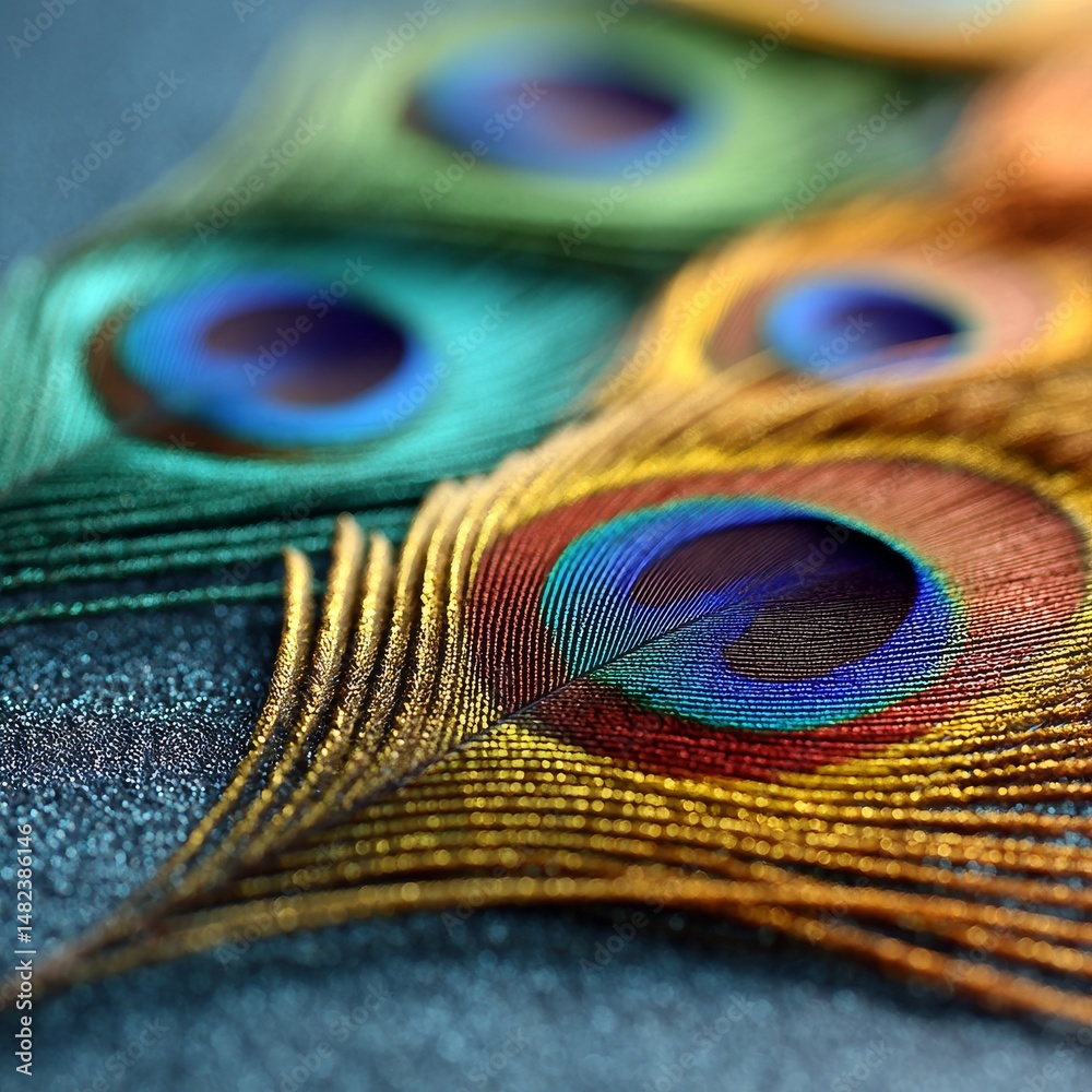 Aufkleber Macro Shot of Peacock Feathers Exhibiting Brilliant Colors and Intricate Details on a Sparkling Background