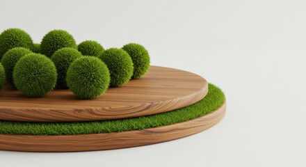 Green moss balls on wooden platforms against a minimalist background