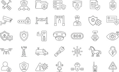 Security system and protection technology vector icons set outline design