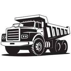 Bold monochrome illustration of a heavy duty dump truck, Vector black silhouette. with white background