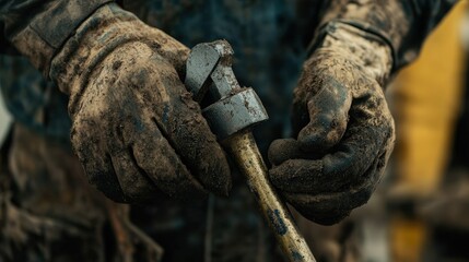 Capture a construction worker's hands covered in dust and dirt, holding a wrench or a hammer, symbolizing hard work and dedication.