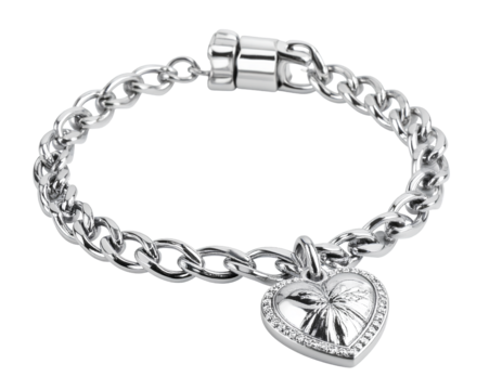 Elegant Heart Pendant Silver Bracelet  Isolated on Transparent Background  PNG