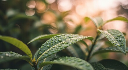 Close-up of dew-covered green leaves in a serene natural setting at dawn