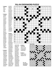 Fototapeta premium Fill in the blanks crossword puzzle with american style grid of 21x21 size, 70 blocks, 110 words, one letter revealed. Letter J as a hint. Answer included. 