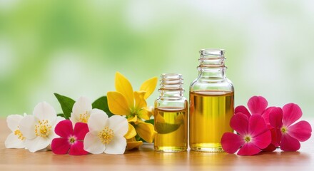 Bottles of essential oils surrounded by vibrant flowers on a blurred background