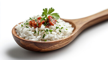 Delicious rice dish garnished with herbs and spices served on a wooden spoon