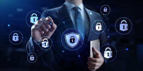 Cyber security access control data protection personal information privacy concept. Businessman pressing button on screen.