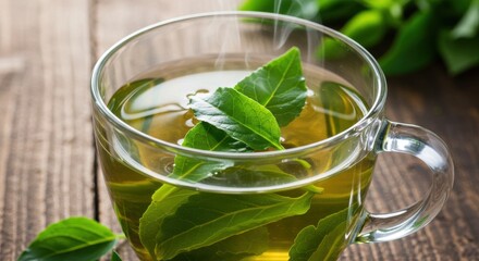Fresh green tea with leaves steaming in a clear cup on a wooden table