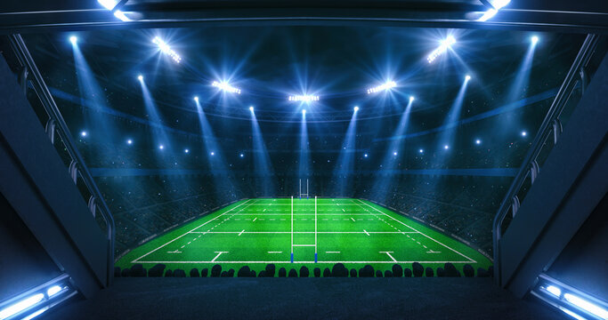 Entrance to a floodlit sports stadium full of cheering fans with an rugby pitch before match. Professional rugby 3D render for advertisement background.