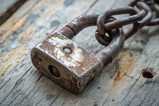 A weathered padlock and chain, a silent story of forgotten security, resting on aged wood, showing textures of time and rust. - Powered by Adobe