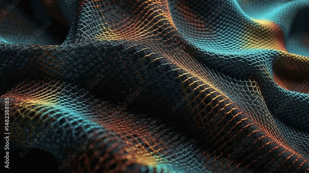 Wall mural abstract macro image shows a detailed view of flowing, iridescent mesh fabric with dynamic lighting.